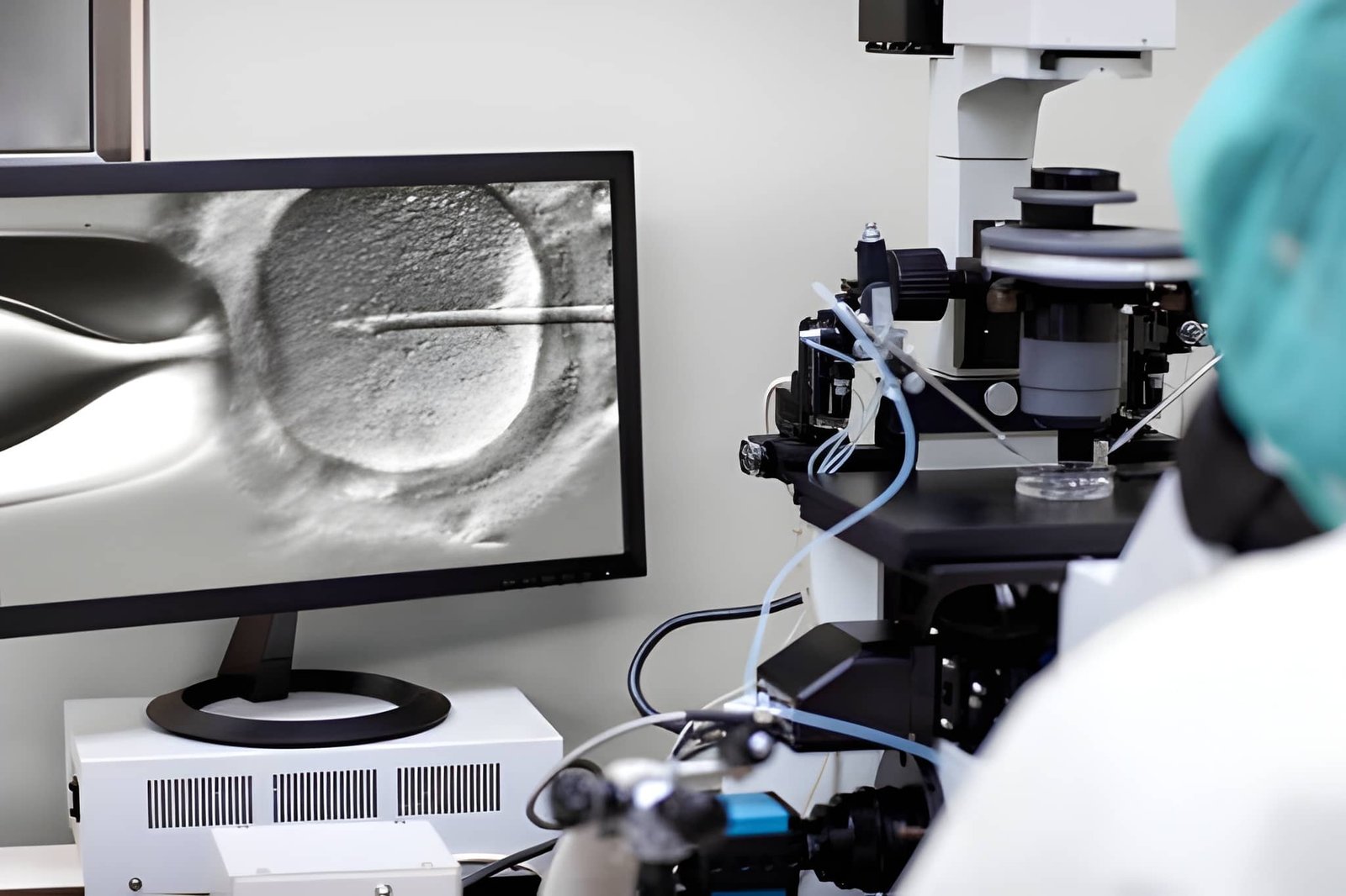 Embryologist performing ICSI, injecting sperm into an egg under a microscope in an IVF lab