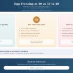 Infographic comparing egg freezing outcomes at ages 30, 35 and 40, showing reserve, egg quality and cycle differences, with a note that freezing is a backup option and doesn't rule out natural conception